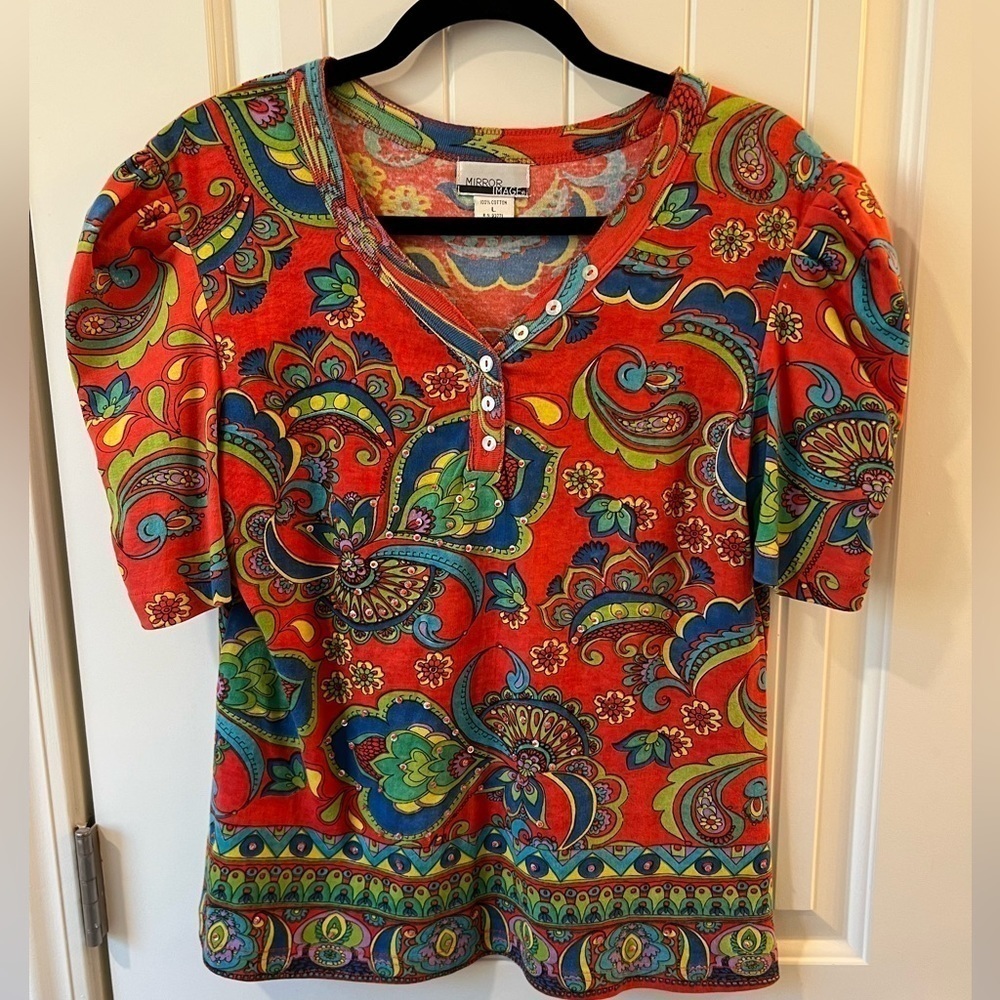Mirror Image Red Paisley Sequin Henley Top Puff Sleeve Cotton Large